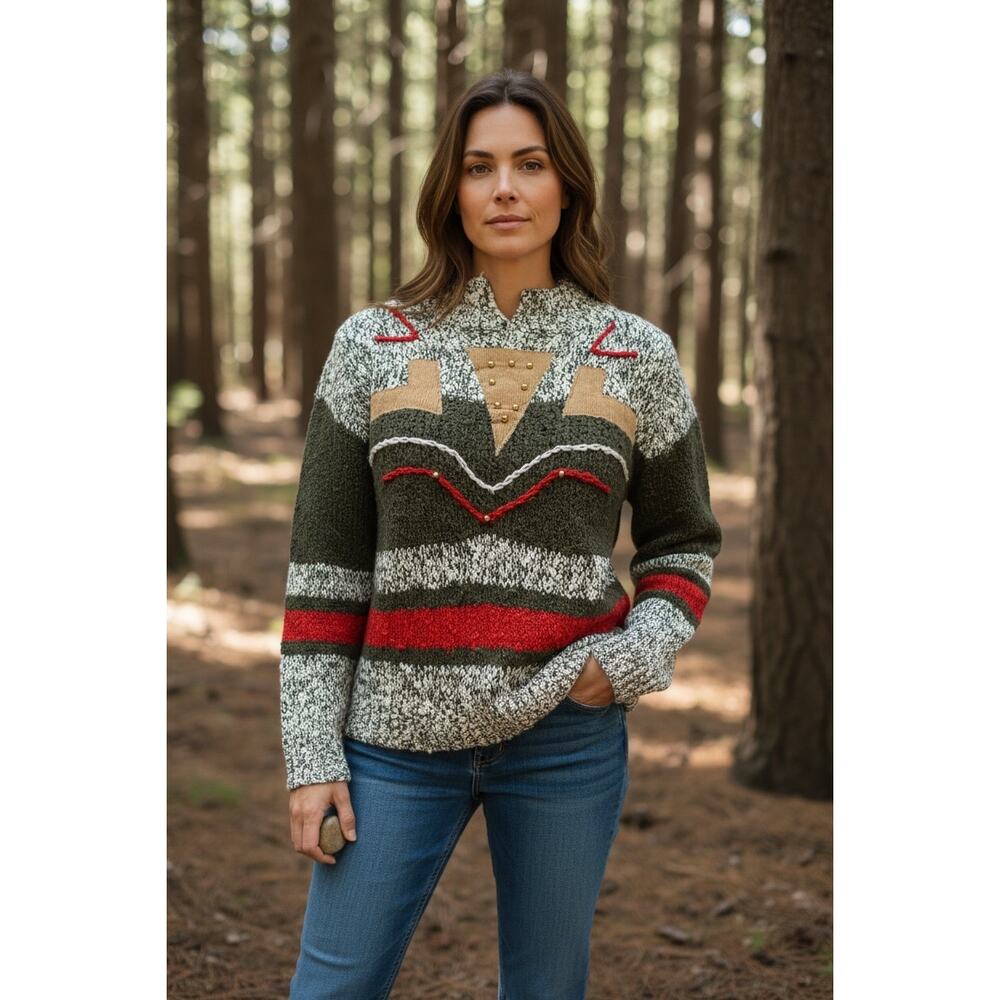 VTG!! "Colter Bay Petites" Acrylic Sweater 1989 SZ SP Beaded Patchwork Accents‎